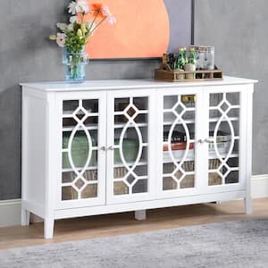White MDF Top 54 in. Sideboard Buffet Cabinet with Storage and Glass Doors