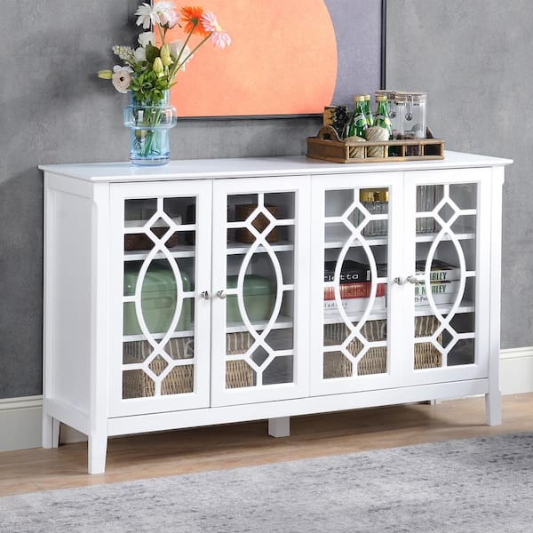 HOMCOM White MDF Top 54 in. Sideboard Buffet Cabinet with Storage and Glass Doors