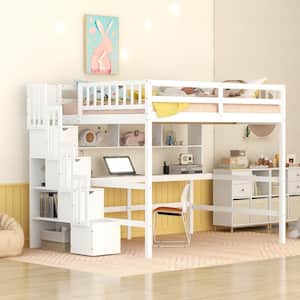 White Full Size Wood Loft Bed with Built-in Desk, Bookshelves and Storage Staircase