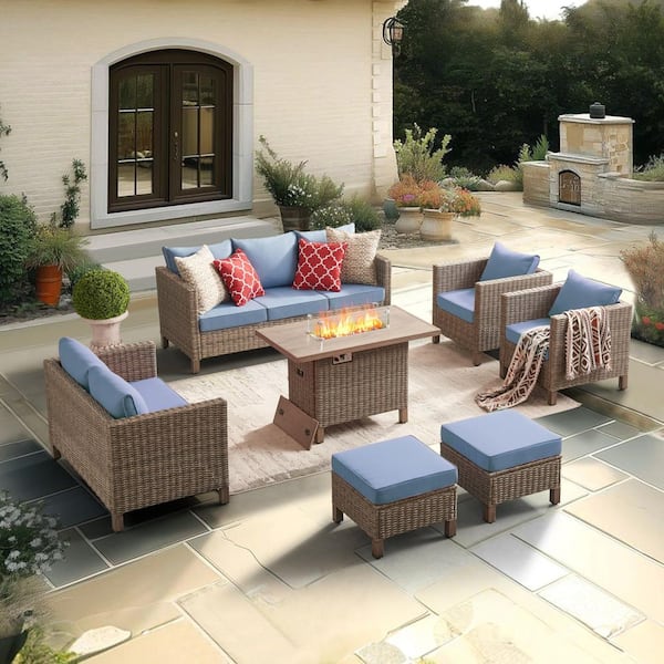 EDYO LIVING 7-Piece Wicker Outdoor Patio Conversation Set with Blue Cushions and 55000 BTU Propane Fire Pit Table