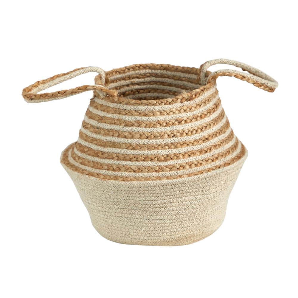 14 in. Natural Beige Jute Top and Cream Cotton Bottom Boho Chic Belly Basket Planter with Handles price history on PriceWatchPro