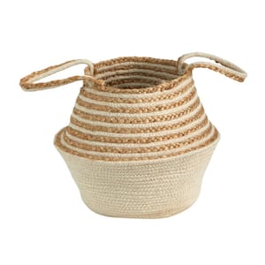 14 in. Natural Beige Jute Top and Cream Cotton Bottom Boho Chic Belly Basket Planter with Handles