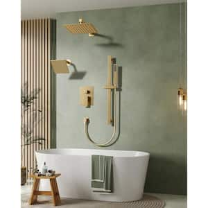 3-Spray Patterns 2.5 GPM 10 and 6 in. Dual Shower Head Wall Mount Fixed Shower Head with Handheld In Brushed Gold