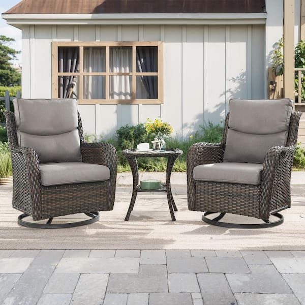 Gymojoy Carolina Brown Wicker 3-Piece Outdoor Swivel Glider Set Outdoor Conversation Set with Gray Thick Cushions