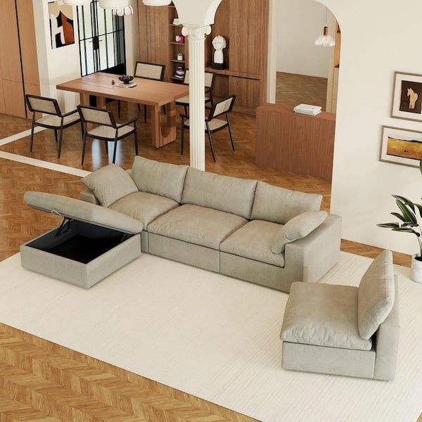 Modular 5-Piece Khaki Linen Plush Down Filled Living Room Set Sofa with Ottoman and Washable Covers for Apartment
