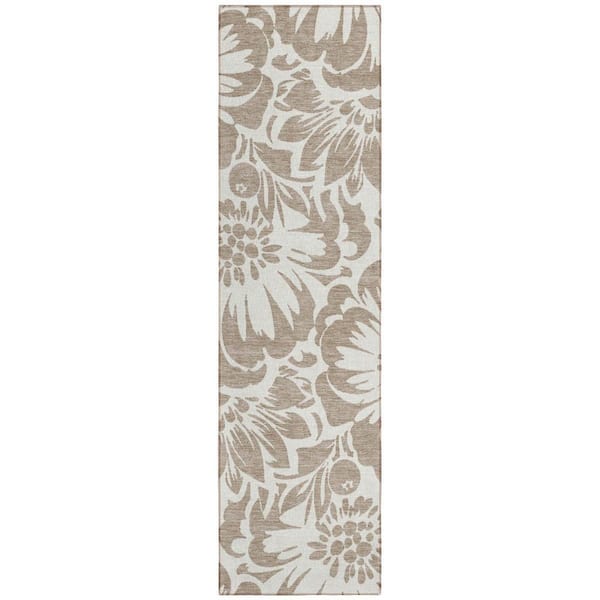 Taupe, Ivory 2 ft. x 8 ft. Woven Floral Polyester Runner Indoor / Outdoor Area Rug