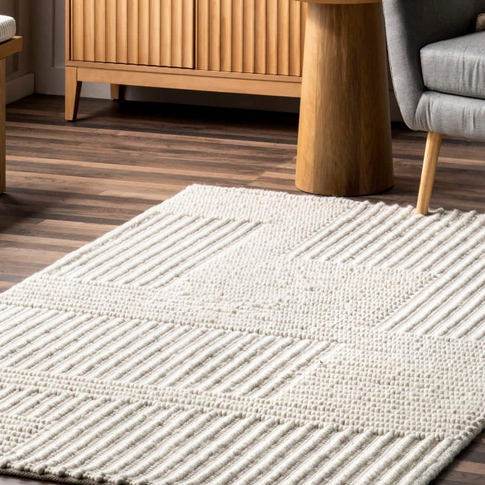 Ivory High-Low Striped Wool 8' x 10' Area Rug