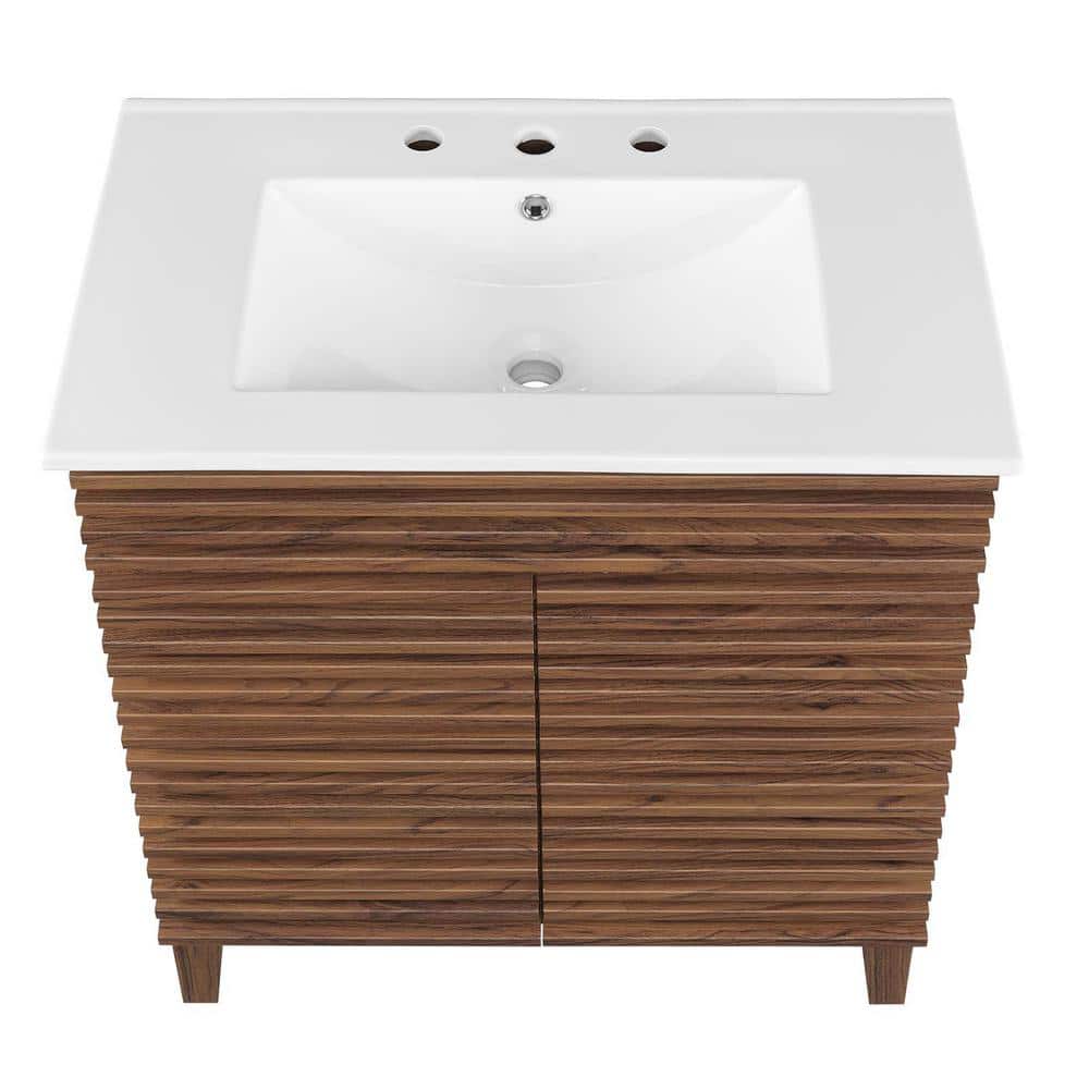 Mid-Century Modern 30" Walnut White Vanity Cabinet with Ceramic Basin