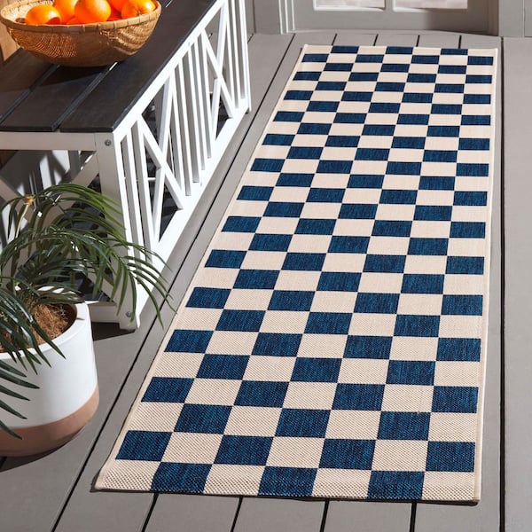 Courtyard 2 ft. x 8 ft. Navy/Beige Checkered Indoor/Outdoor Runner Rug