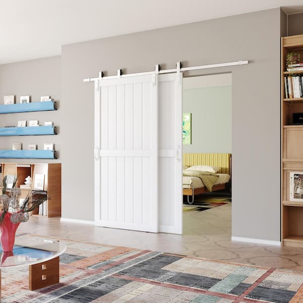 96 in. x 84 in. White, MDF, Primed, Double H-Shaped Brushed Nickel Bypass Sliding Barn Door with Hardware Kit