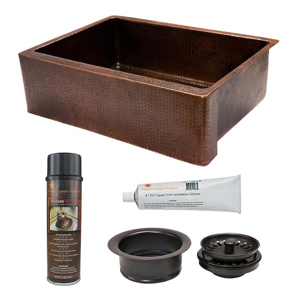 Premier Copper Products Hammered Copper 30 in. Single Basin Apron Kitchen Sink with Matching Drain and Accessories