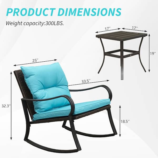 3-Piece Metal Outdoor Bistro Set, Rocking Chair with Blue Cushions