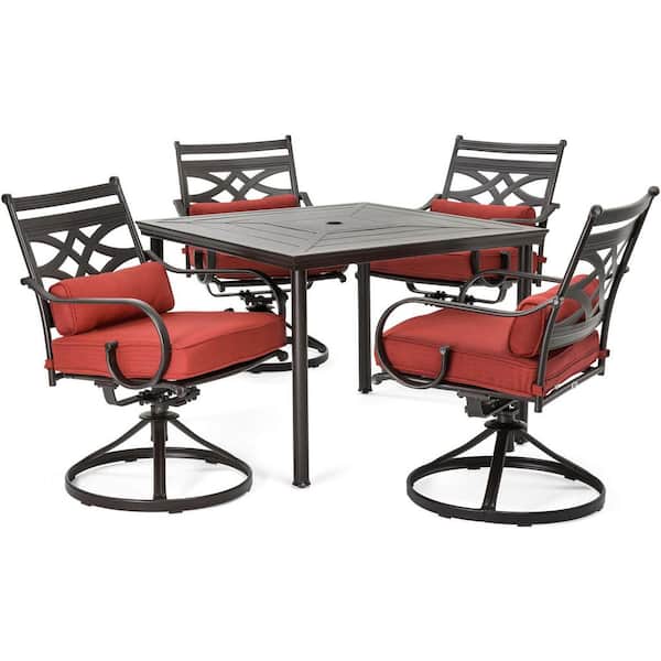 Hanover Montclair 5-Piece Metal Outdoor Dining Set with Chili Red Cushions, Swivel Rockers and Table