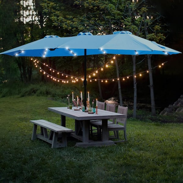 15 ft. X 9 ft. Outdoor Double Side Market Patio Rectangular Umbrella with Light and Base, blue