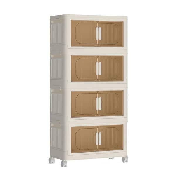 4 Tiers Kitchen Pantry Folding Storage Cabinet, Collapsible Storage Bins with Magnetic Door, Wheels, Cream White