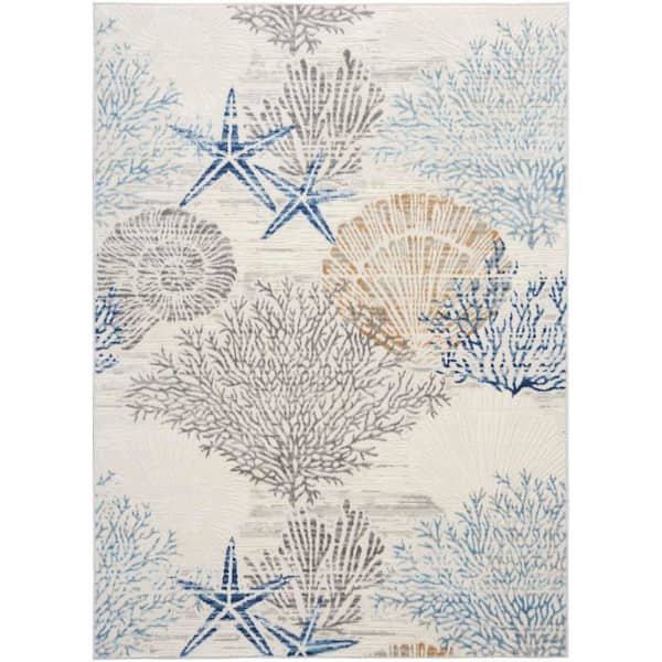 Pompeii Ivory Grey Blue 4 ft. x 6 ft. Floral Abstract Coastal Contemporary Area Rug