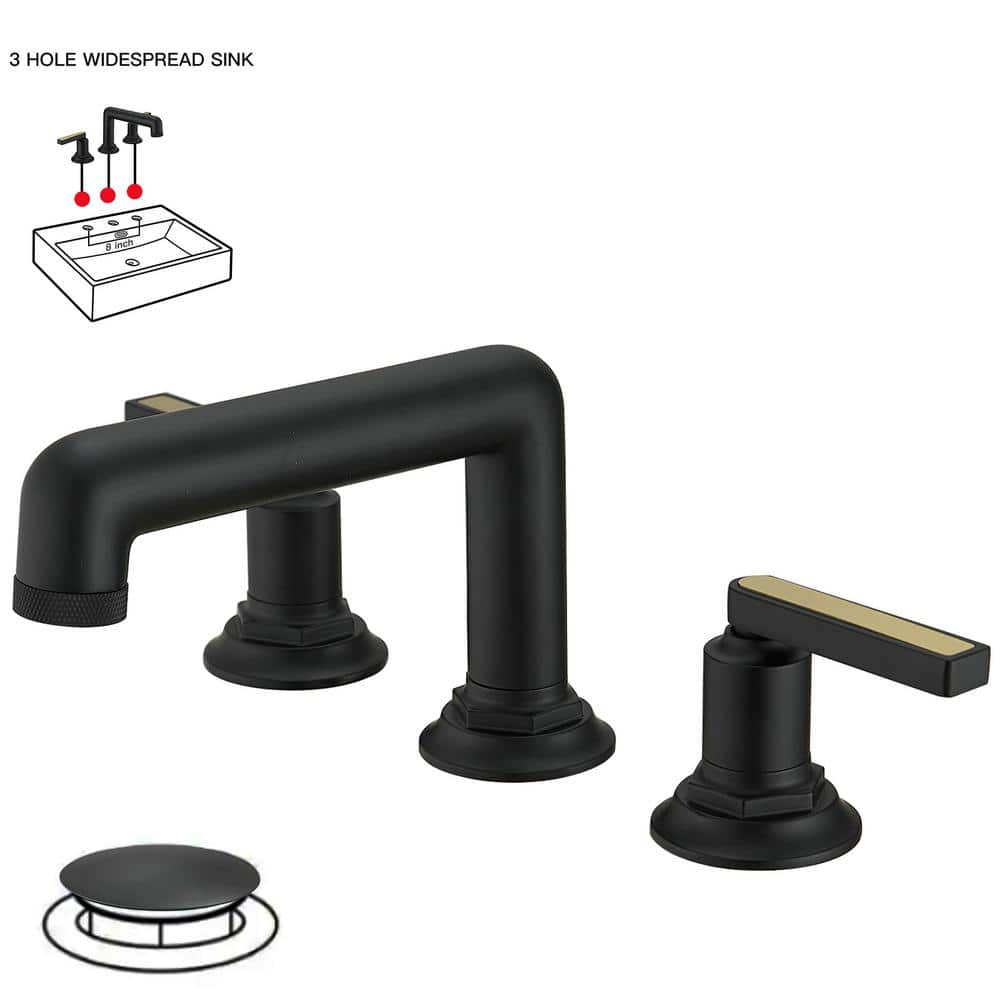 Matte Black Widespread Double Handle Bathroom Faucet with Metal Drain