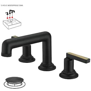 8 in. Widespread Double Handle Black Bathroom Faucet 3 Holes Vanity Sink Water-Saving With Metal Drain In Matte Black