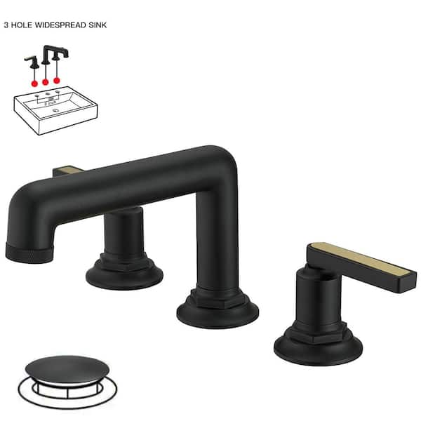 8 in. Widespread Double Handle Low Arc Bathroom Faucet with Drain Kit, Easy to Install, Drip Free in Matte Black