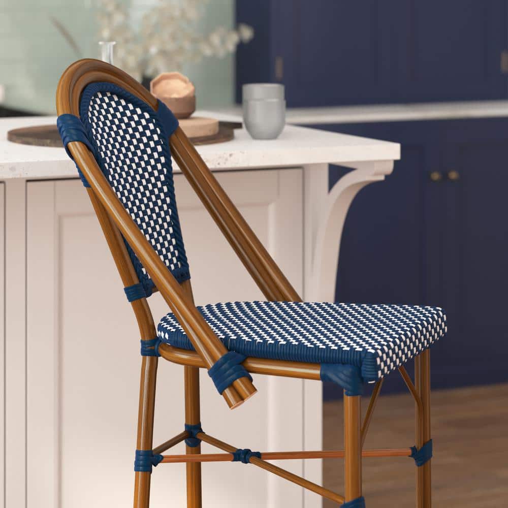 Navy and White Woven Metal Frame Bar Stools, Set of 2