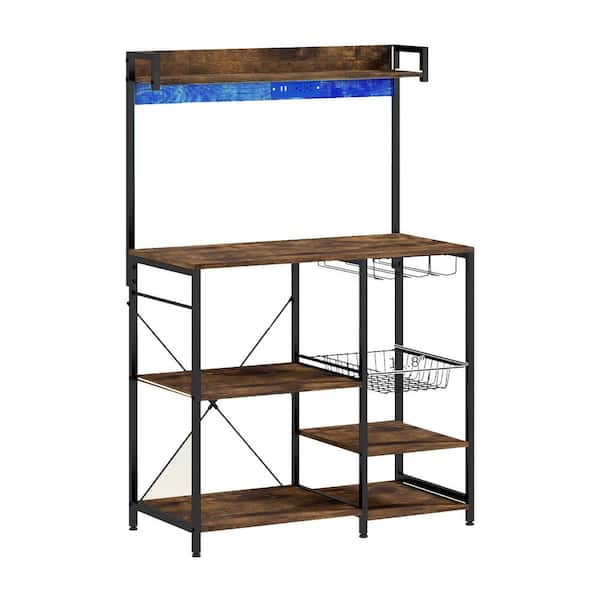 Unbranded Rustic Brown Wood Pantry Organizer with Power Outlet and LED Lights, Bakers Racks, Glass Holders, Metal Basket