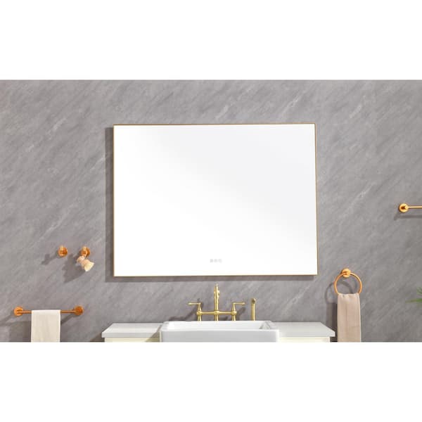 Polibi 48 in. W x 36 in. H Rectangular Framed Wall Mounted LED Light Bathroom Vanity Mirror with Anti-Fog and Dimmable, Gold