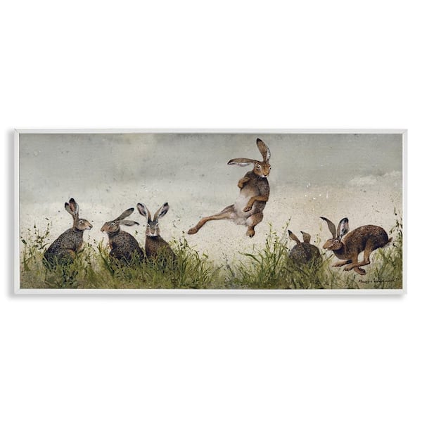 Jumping Hares in Wild by Maggie Vandewalle White Framed Giclee Art Print Animal 24 in. x 10 in.