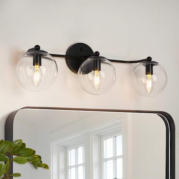 Zevni Modern Industrial 24.5 in. 3-light Matte Black Bathroom Vanity Light, Wall Lamp with Globe Clear Glass Shades