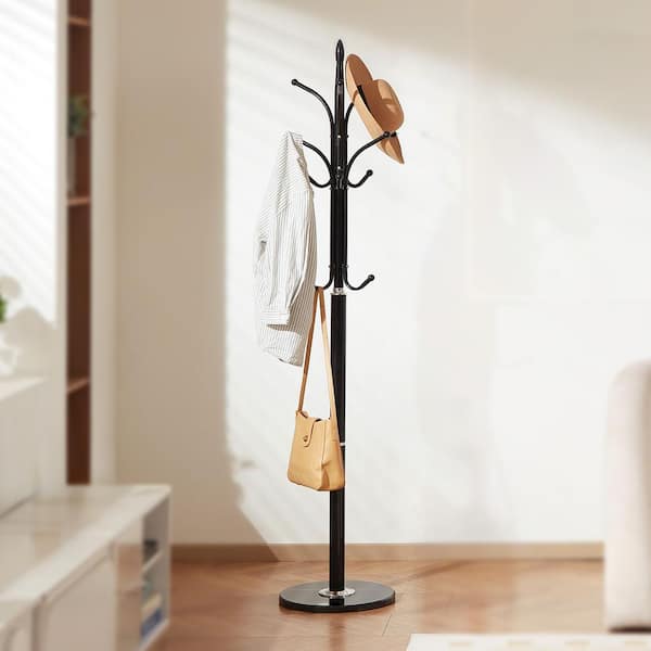 Freestanding Coat Rack with Marble Base and 6 Hooks, Modern Stand for Entryway, Living room, Matte Black