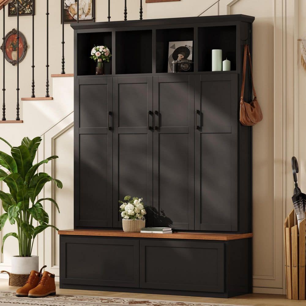 Farmhouse Black MDF Wood Entryway Mudroom Coat Rack Hallway Hall Tree with Walnut Finish Bench, Drawers and Hooks