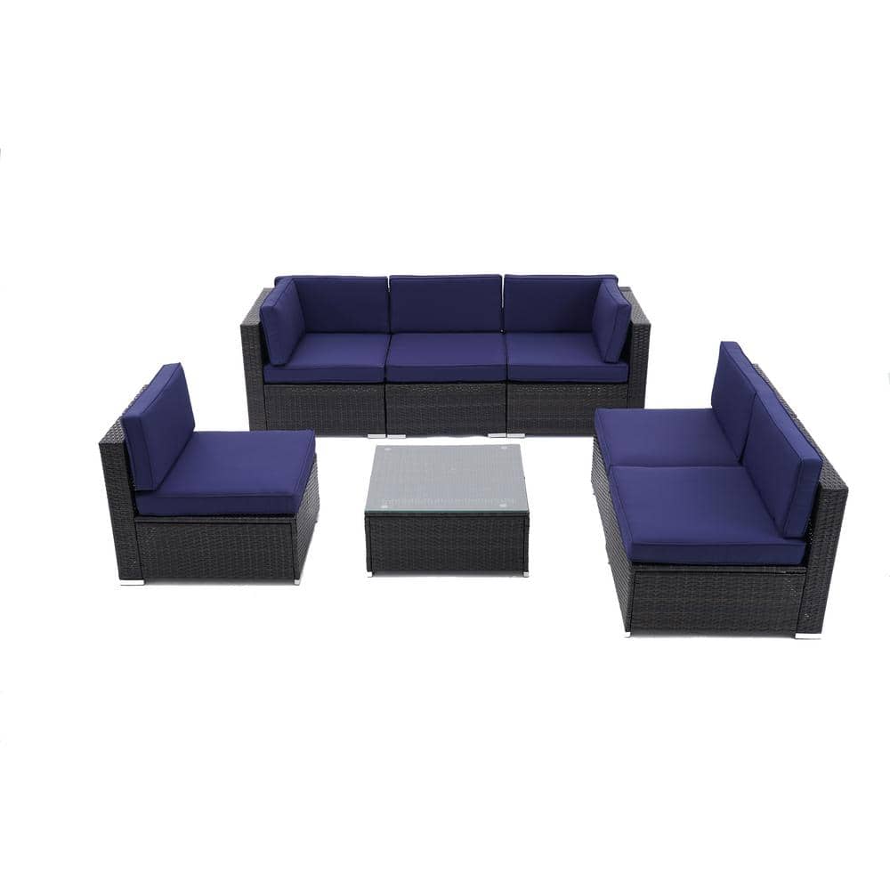 7-Pieces PE Wicker Outdoor Sectional with Navy Cushion