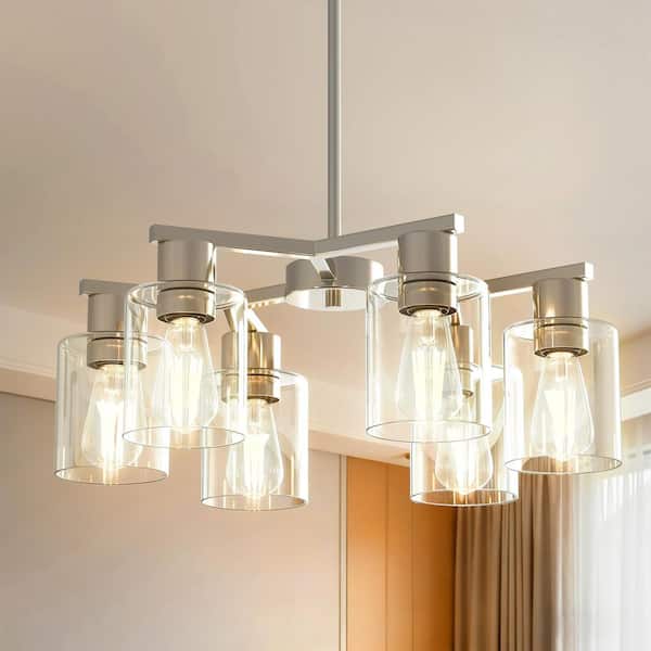 6-Light Nickel Farmhouse Chandelier with Adjustable Height, Industrial Clear Glass Pendant Light for Dining Room