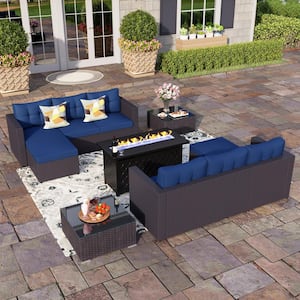 Black Rattan Wicker 6 Seat 7-Piece Steel Outdoor Fire Pit Patio Set with Blue Cushions and Rectangular Fire Pit Table