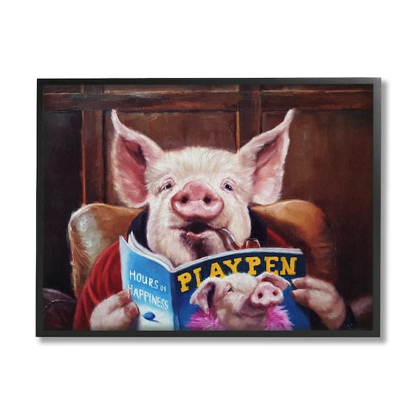 Stupell Industries Funny Pig Magazine Man Cave by Lucia Heffernan 1-Piece Black Framed Animal Giclee Art Print 30 in. x 24 in.