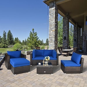 6-Pieces Rattan Patio Conversation Set Sectional Furniture Set with Navy Cushion