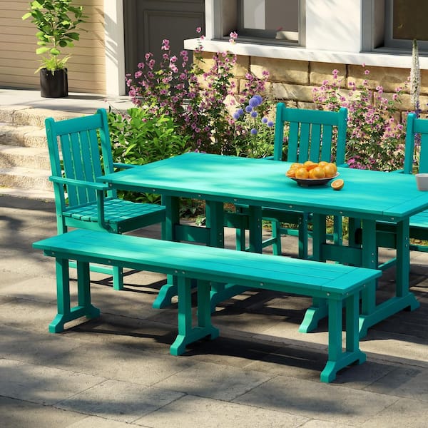 Hayes 65 in. Backless HDPE Plastic Trestle Outdoor Dining 2-Person Patio Garden Bench in Turquoise