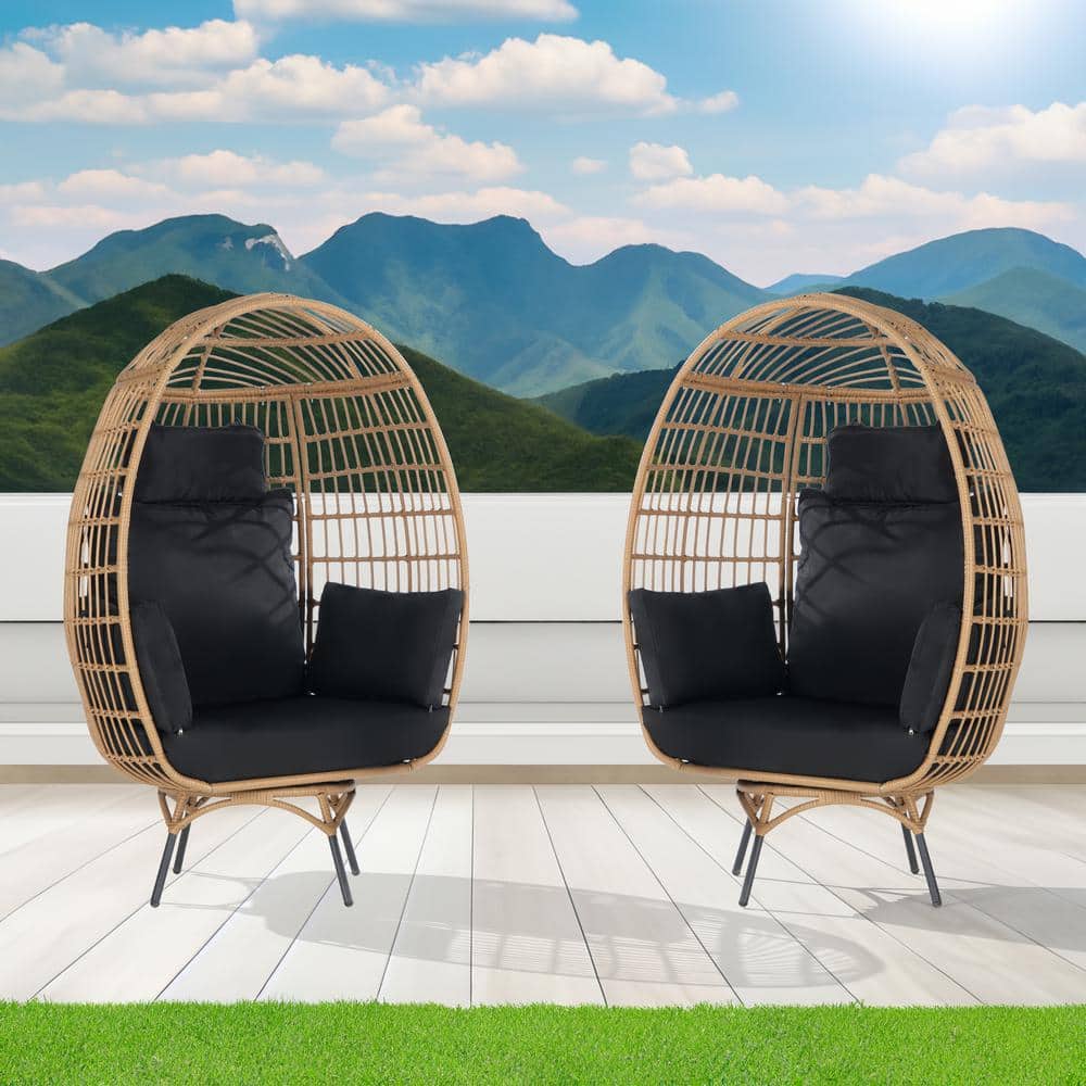 2-Pieces Patio Wicker Swivel Egg Chair, Oversized Indoor Outdoor Egg Chair,