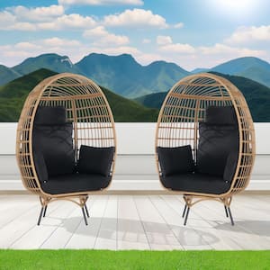 2-Pieces Patio Wicker Swivel Egg Chair, Oversized Indoor Outdoor Egg Chair, Brown Rattan Black Cushions