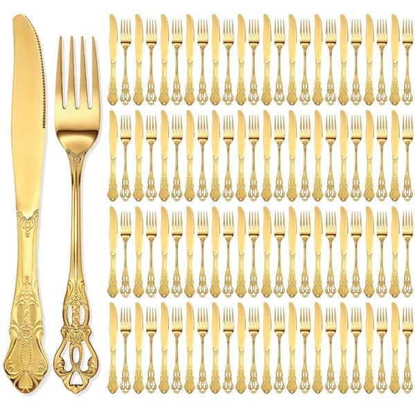 Gold Mirror-Polished Stainless Steel Steak Knives and Forks Cutlery Set for Wedding Party and Restaurant