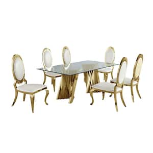 Becky 7-Piece Rectangular Clear Glass Top with Gold Stainless Steel Base Table Set with 6-White Faux Leather Chairs