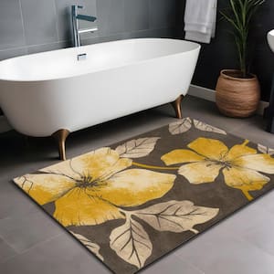 Bahamas Floral Leaf Yellow Brown 2 ft. x 3 ft. Non-Slip Rubber Back Indoor Area Rug