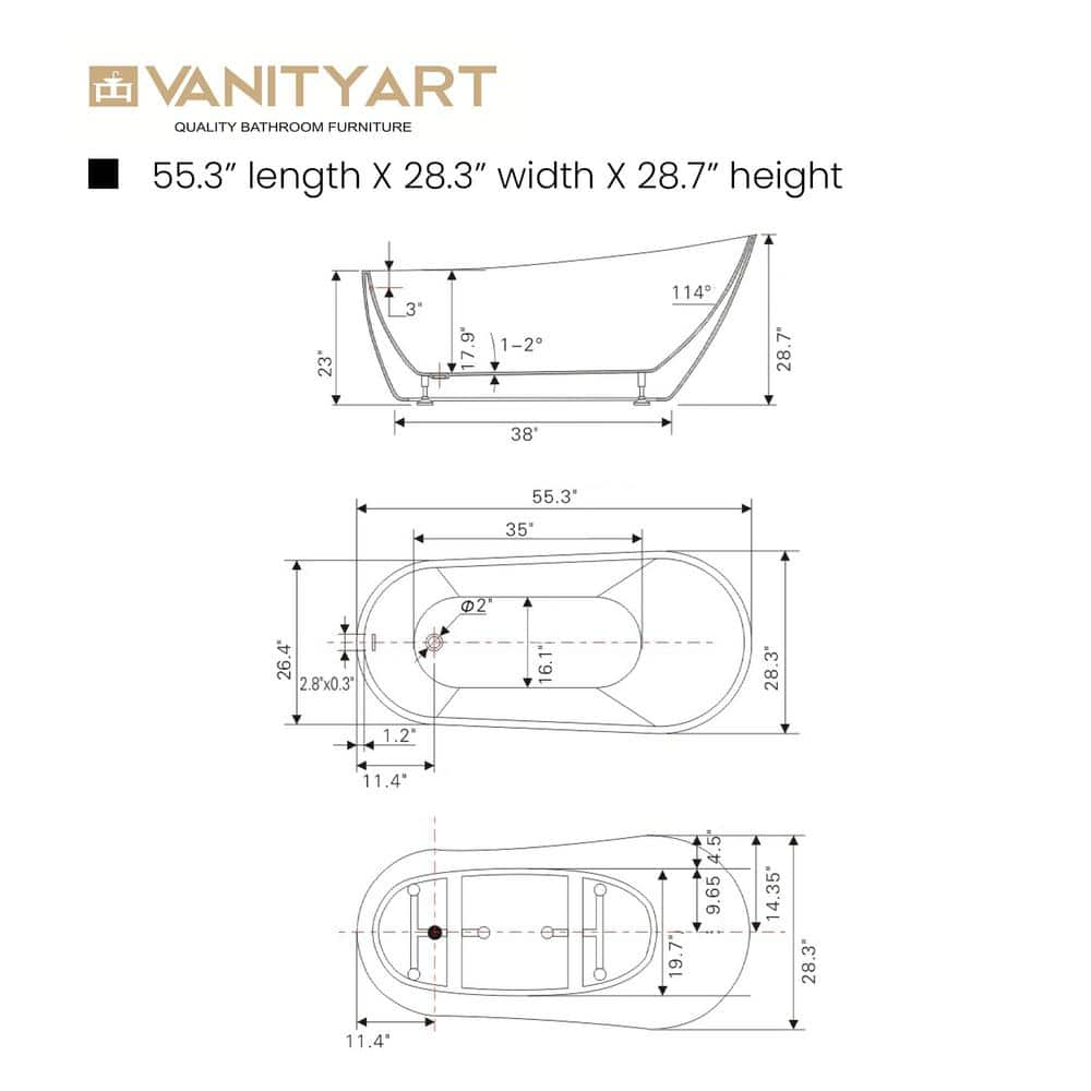 55" White Acrylic Freestanding Soaking Bathtub