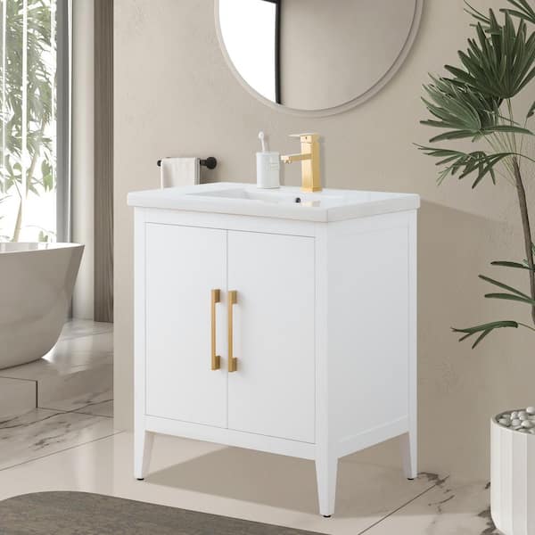 30 in. W x 18.5 in D x 34 in. H Single Sink Bathroom Vanity Cabinet in White with Ceramic Top