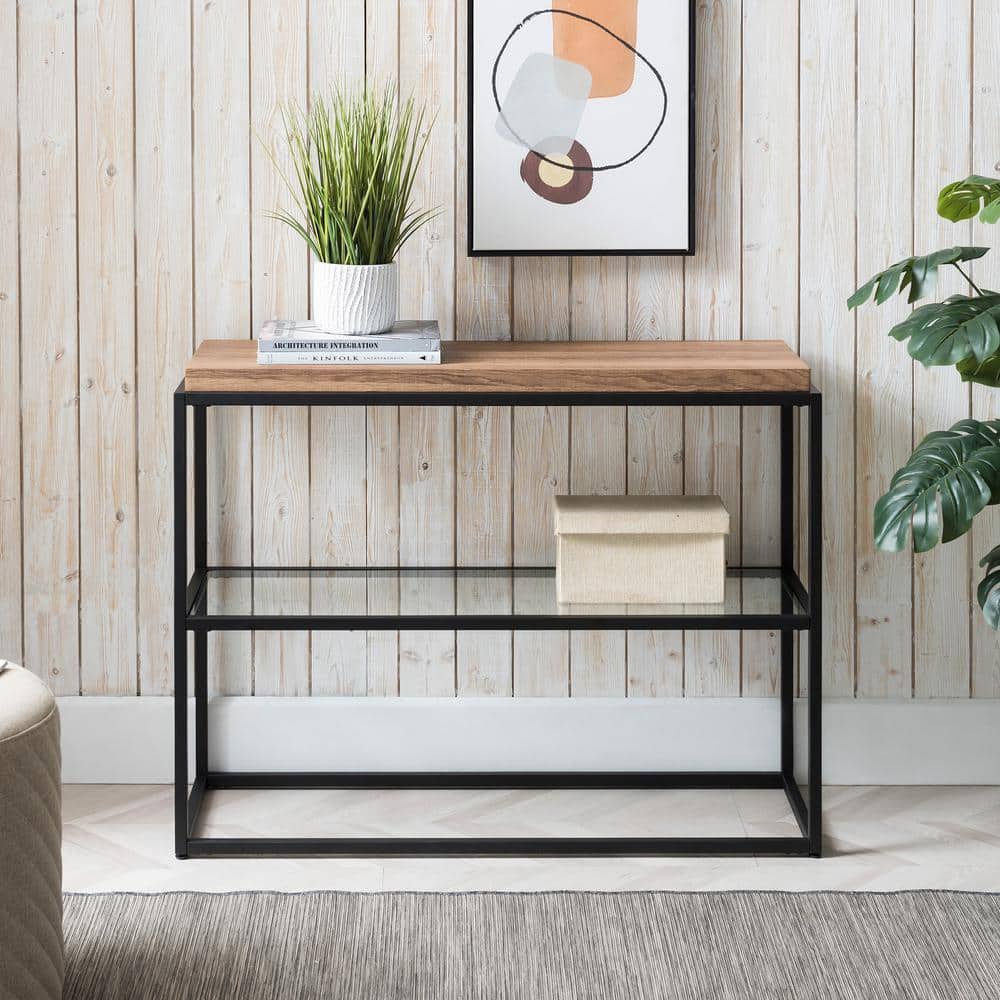 Hector Blackened Bronze and Rustic Oak Console Table with Glass Shelf