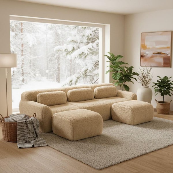 114.7 in. 5-Seat Plush Microfiber L-Shaped Modular Sectional Sofa with Ottoman and Deep Cushions in Camel Brown