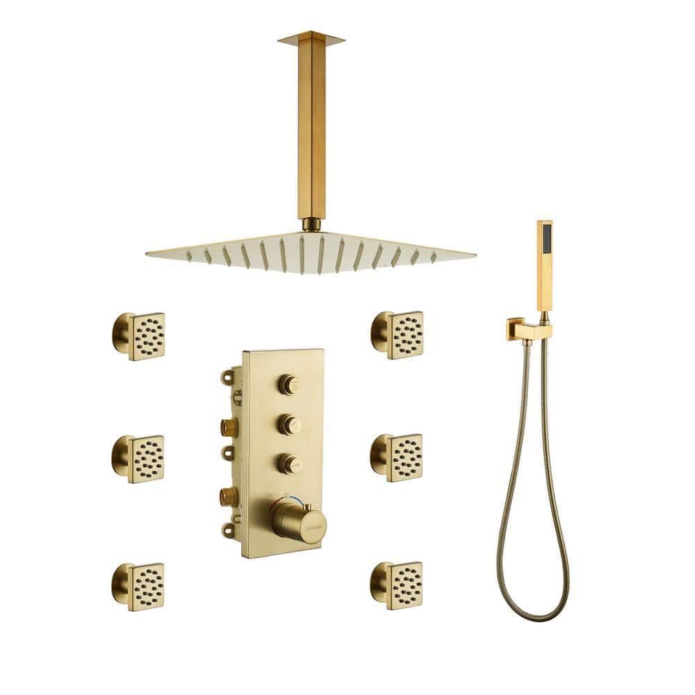 CASAINC Luxury Thermostatic 2-Spray Patterns 12 in. Flush Ceiling Mount Rainfall Dual Shower Heads with 6-Jets in Brushed Gold