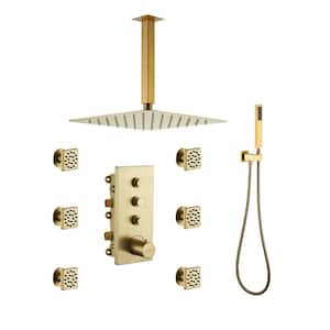 Luxury Thermostatic 2-Spray Patterns 12 in. Flush Ceiling Mount Rainfall Dual Shower Heads with 6-Jets in Brushed Gold