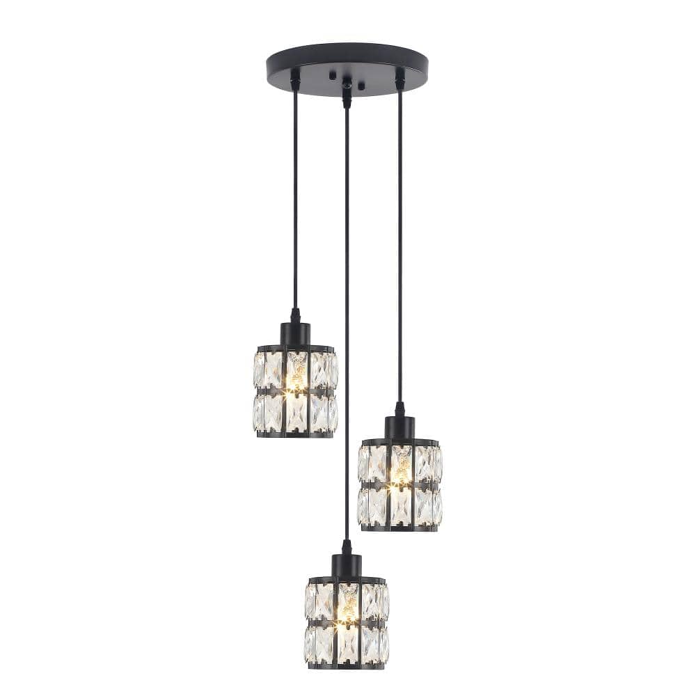 Rviezza Industrial 3-Light Matte Black Pendant Light with K9