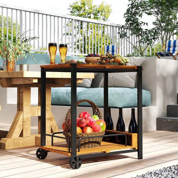Outsunny Acacia Wood Outdoor Bar Cart, Rolling 2-Tier Outdoor