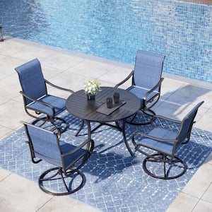 Black 5-Piece Metal Patio Outdoor Dining Sets with Stamped Round Table and Padded Blue Textilene Swivel Chairs